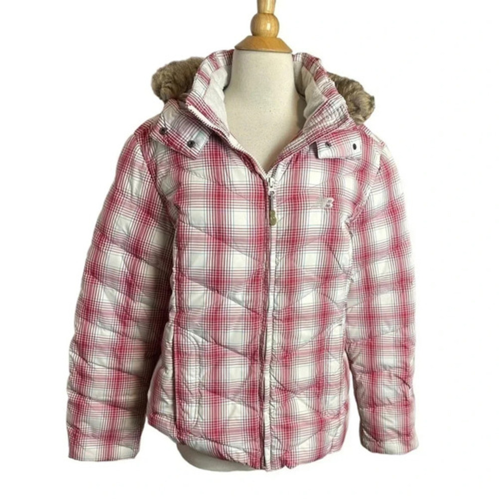 New Balance L red + white plaid puffer jacket with optional hood